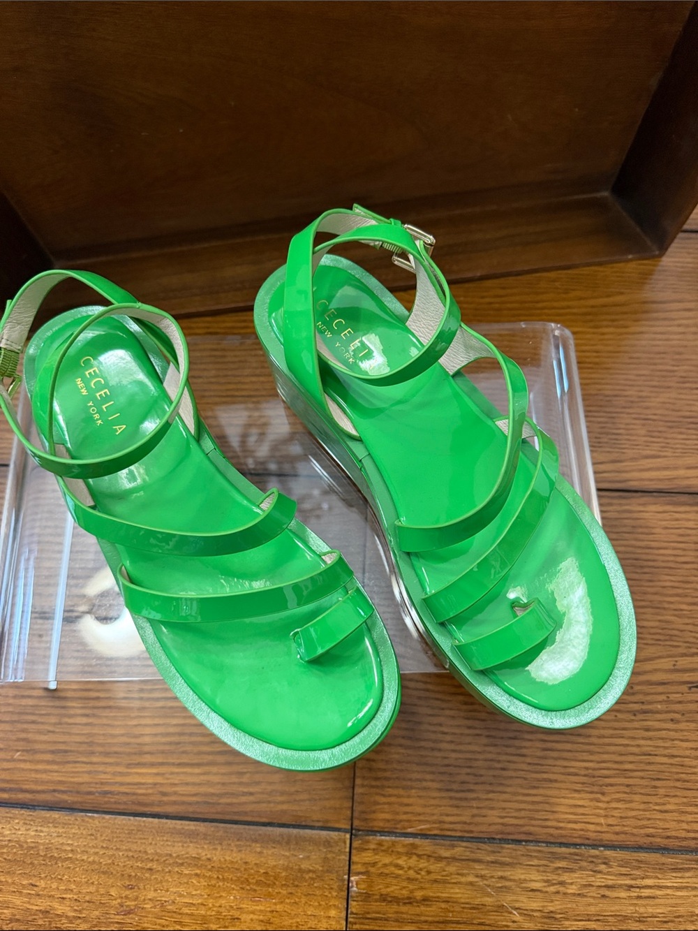 CECILIA NEW YORK Bismark Wedge Glossy Green Strappy Platform Sandals